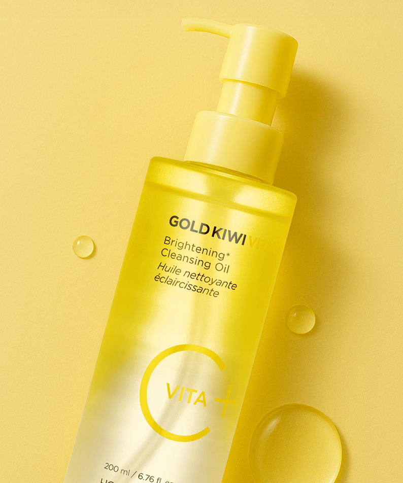 HOLIKA HOLIKA Gold Kiwi Vita C+ Brightening Cleansing Oil 200ml bottle on yellow background.