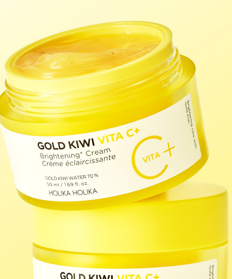 Open jar of HOLIKA HOLIKA Gold Kiwi Vita C+ Brightening Cream 50ml with a vibrant yellow design.