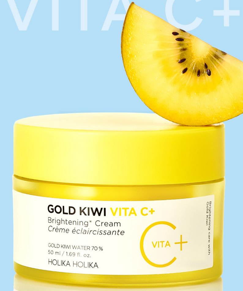 HOLIKA HOLIKA Gold Kiwi Vita C+ Brightening Cream 50ml jar with kiwi slice on a blue background