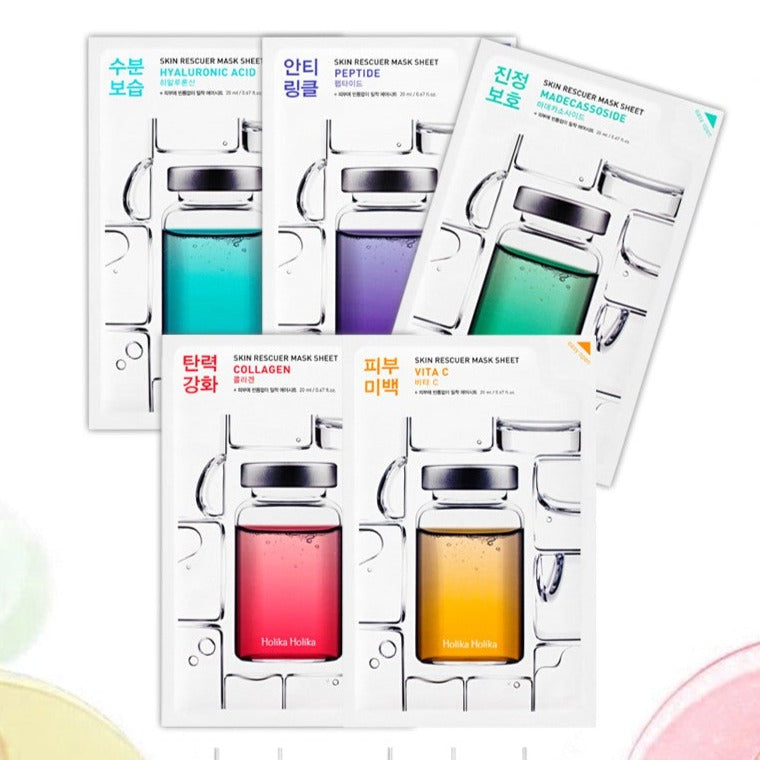 Assorted HOLIKA HOLIKA Skin Rescuer Mask Sheet collection for hydrating and nourishing skincare routine.
