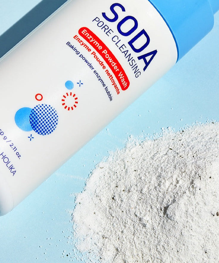 HOLIKA HOLIKA Soda Pore Cleansing Powder 60g with spilled powder on blue background