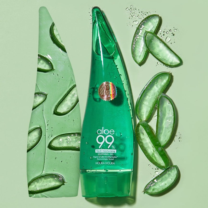 HOLIKA HOLIKA Soothing Gel Aloe Vera 99% 250ml bottle with aloe slices on green background