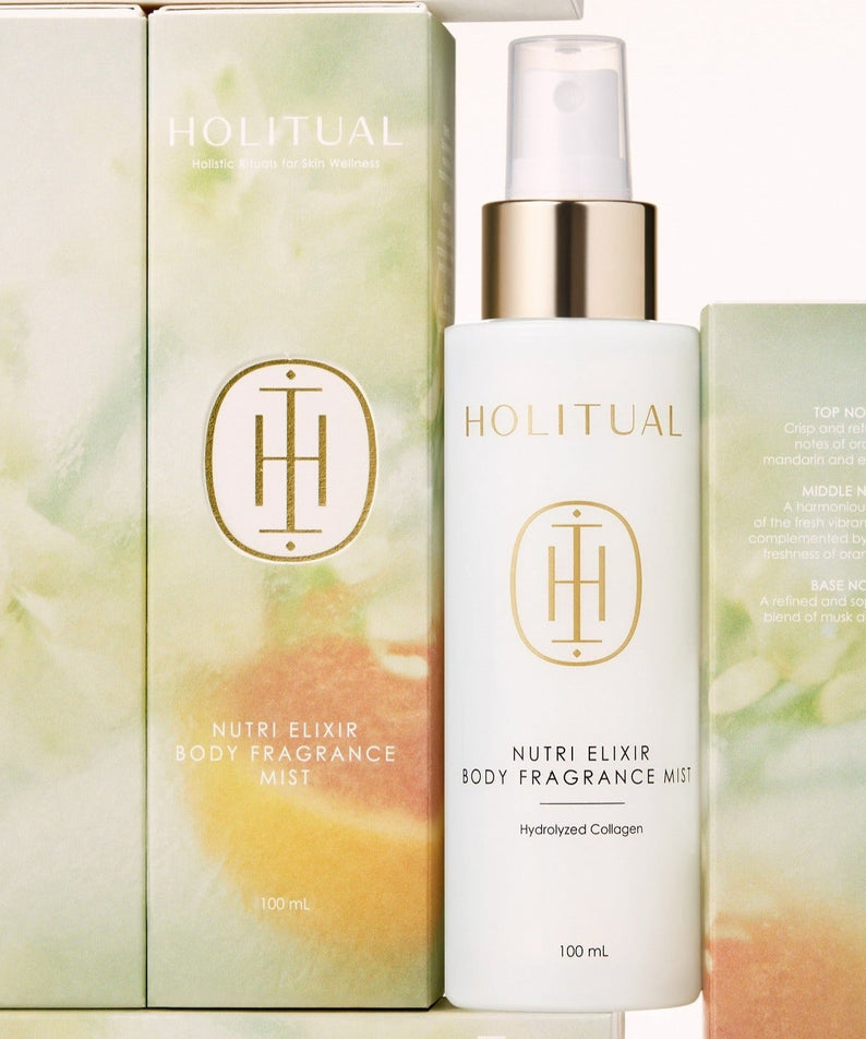 HOLITUAL Nutri Elixir Body Fragrance Mist 100ml perfume bottle displayed with packaging.