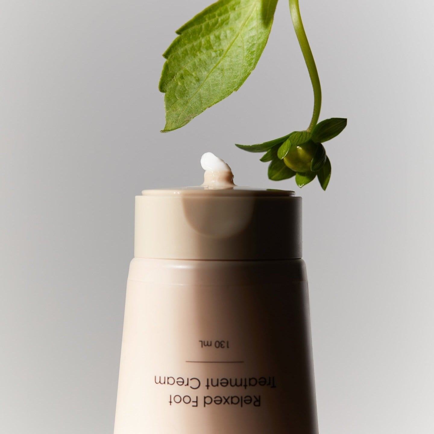 HOLITUAL Relaxed Foot Treatment Cream 130ml with plant decoration on gray background