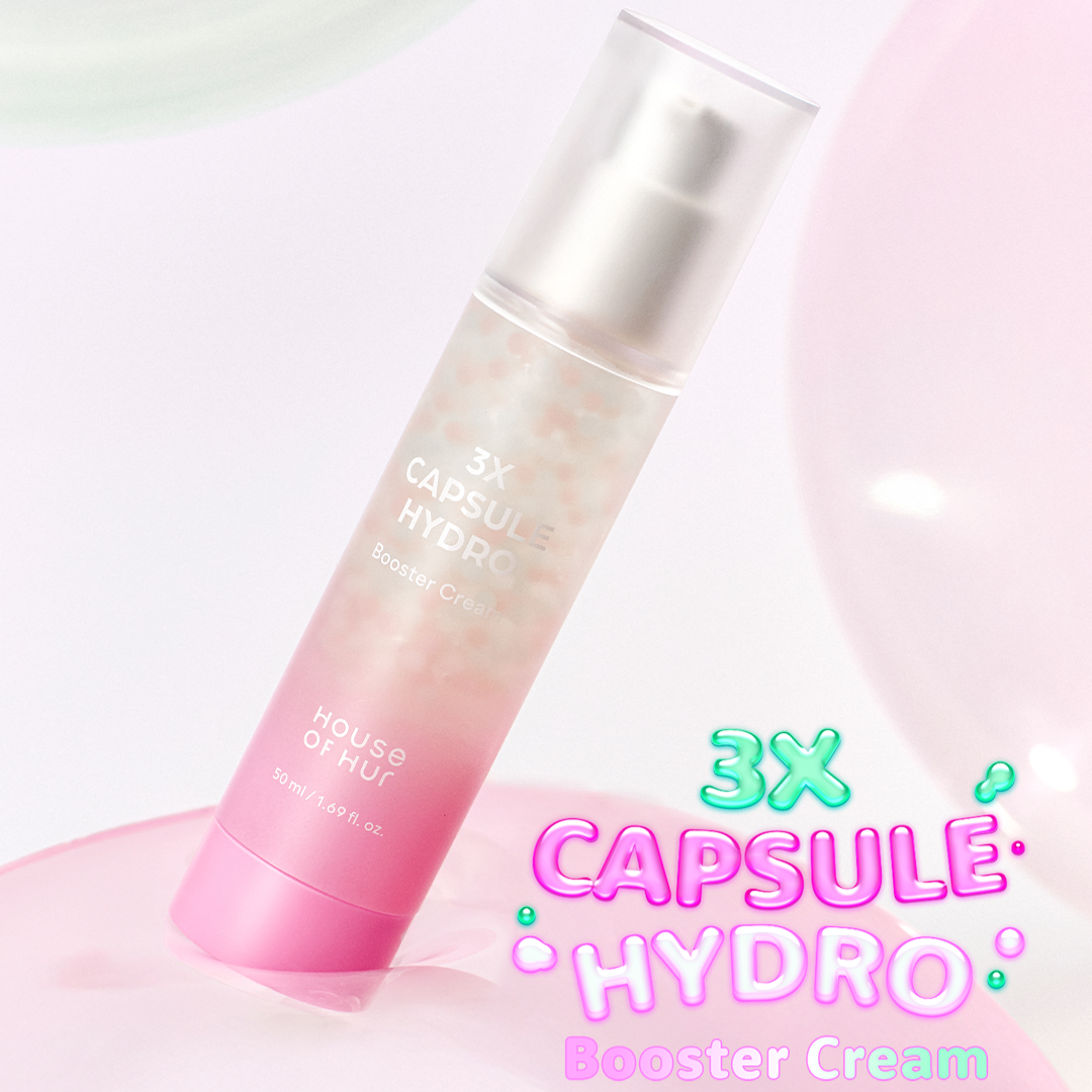 HOUSE OF HUR 3X Capsule Hydro Booster Cream 50ml in pink packaging on a pastel background