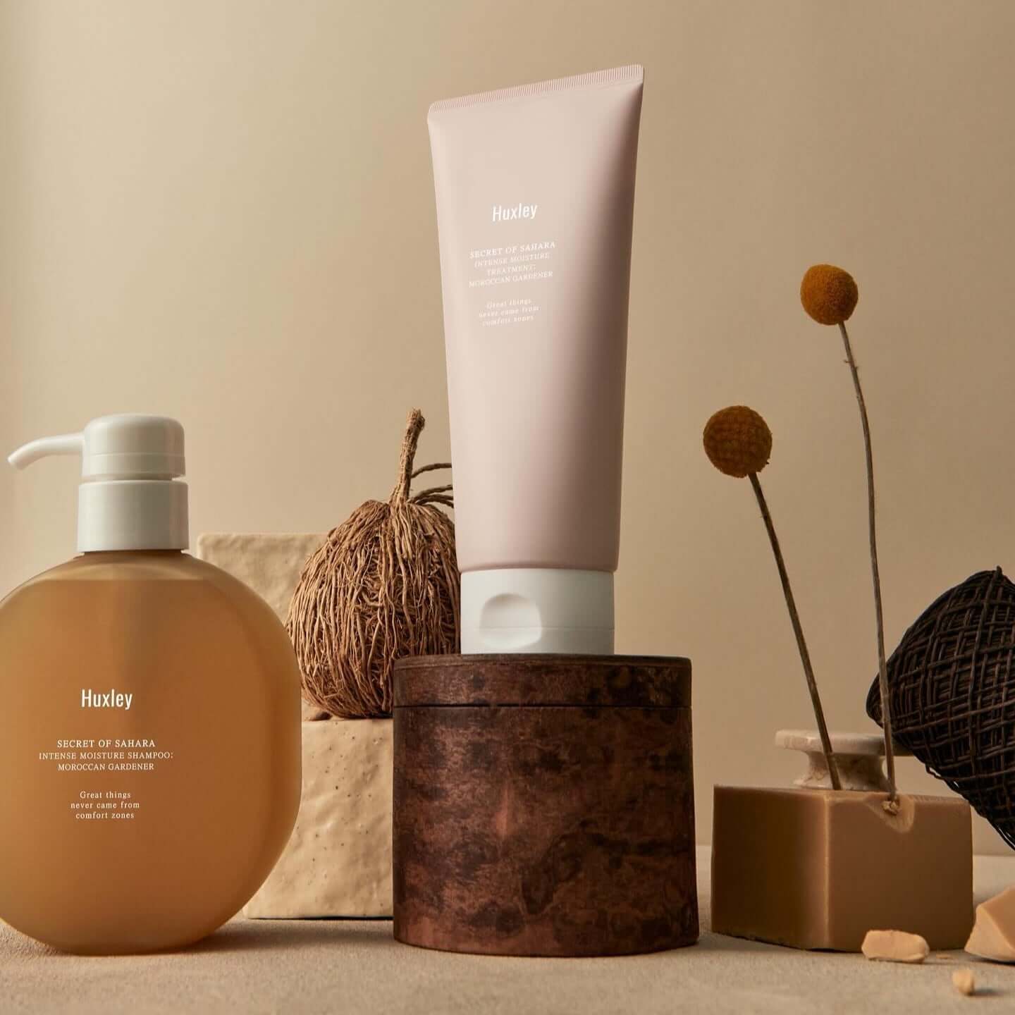 HUXLEY Intense Moisture Treatment Moroccan Gardener with elegant packaging on a stylish backdrop