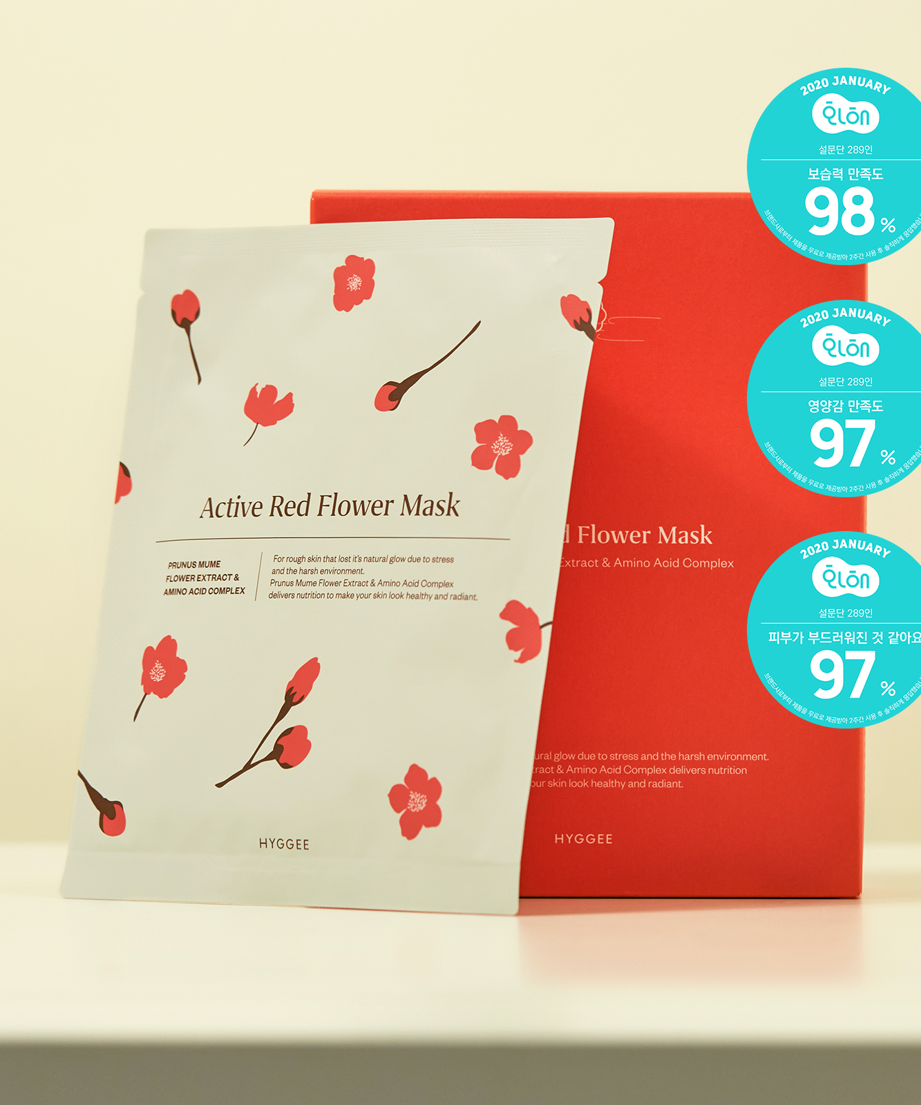 HYGGEE Active Red Flower Mask packaging with floral design and product rating labels.