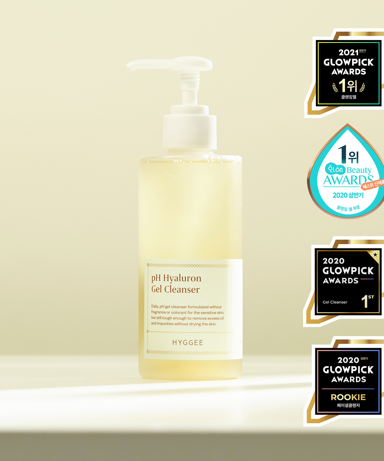Image of HYGGEE pH Hyaluron Gel Cleanser 200ml with award badges.