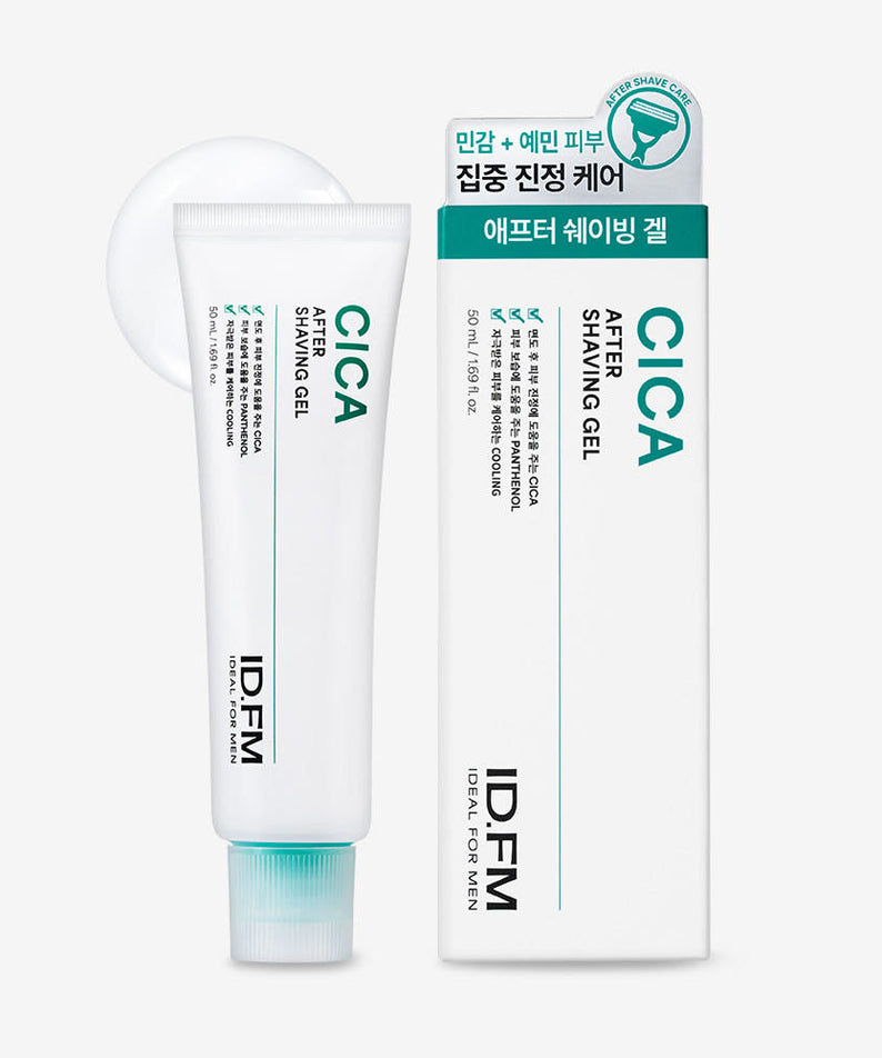 IDEAL FOR MEN Cica After Shave Gel 50ml by Gentleman Korea – white tube and box packaging shown, soothing post-shave gel for men