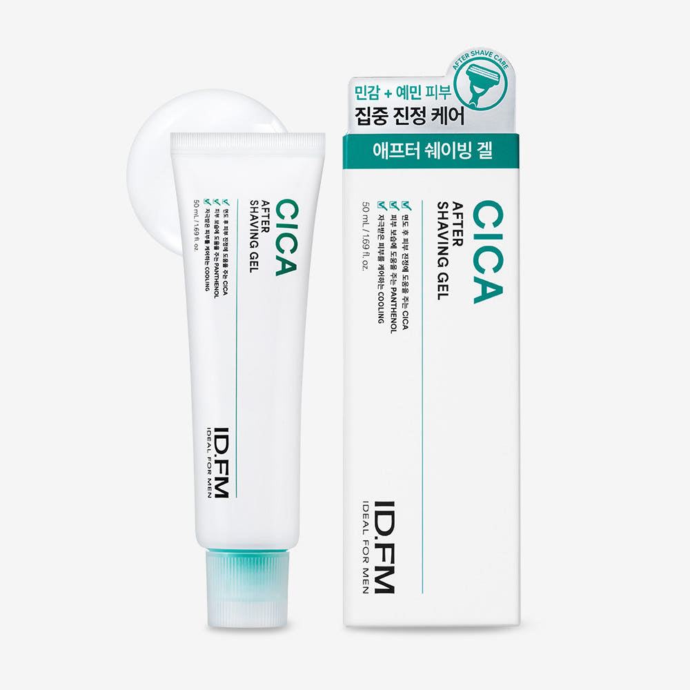 IDEAL FOR MEN Cica After Shave Gel 50ml by Gentleman Korea – white tube and box packaging shown, soothing post-shave gel for men