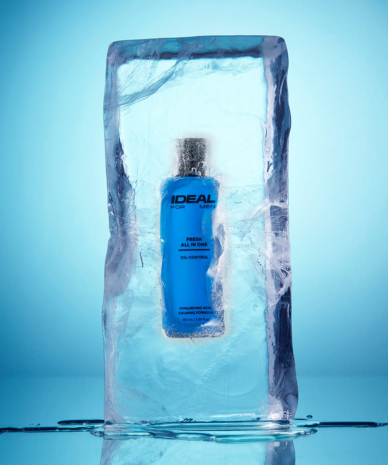 IDEAL FOR MEN Fresh All-in-One 150ml bottle frozen in clear ice block for refreshing Korean men's skincare by Gentleman Korea