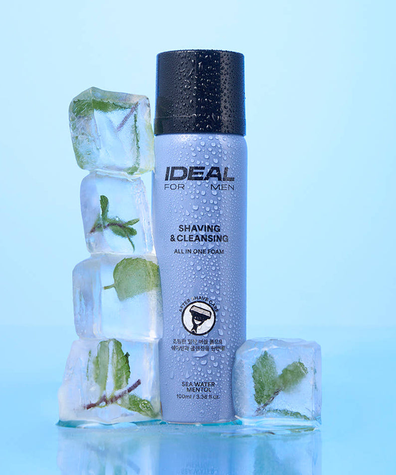 IDEAL FOR MEN Shaving & All-in-One Cleansing Foam 100ml by Gentleman Korea bottle with mint ice cubes, refreshing men's shaving and cleansing foam