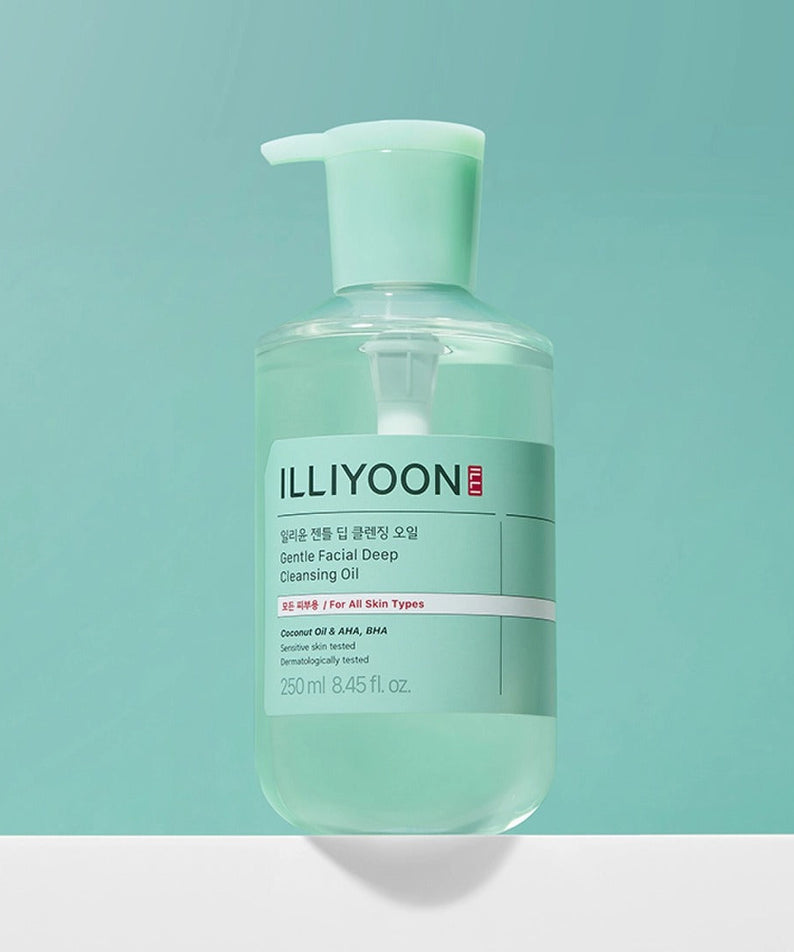 ILLIYOON Gentle Deep Cleansing Oil 250ml bottle with green cap on a teal background