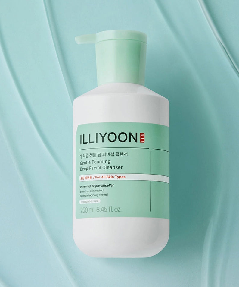 Photo of ILLIYOON Gentle Deep Facial Cleanser 250ml bottle on textured blue background