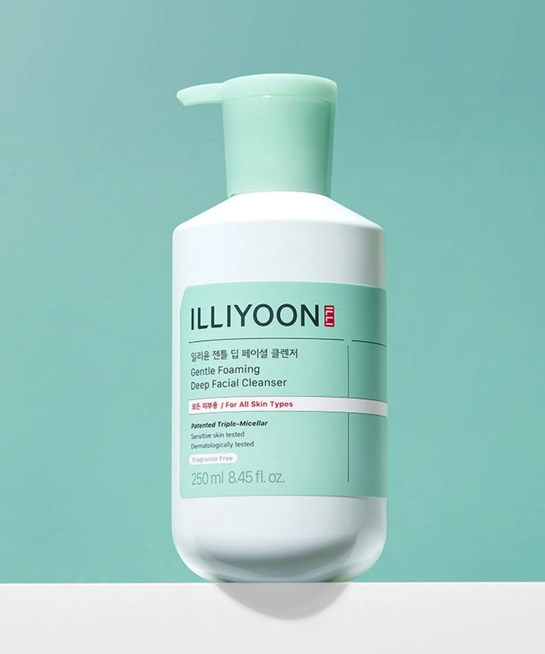 ILLIYOON Gentle Deep Facial Cleanser 250ml bottle on a green background