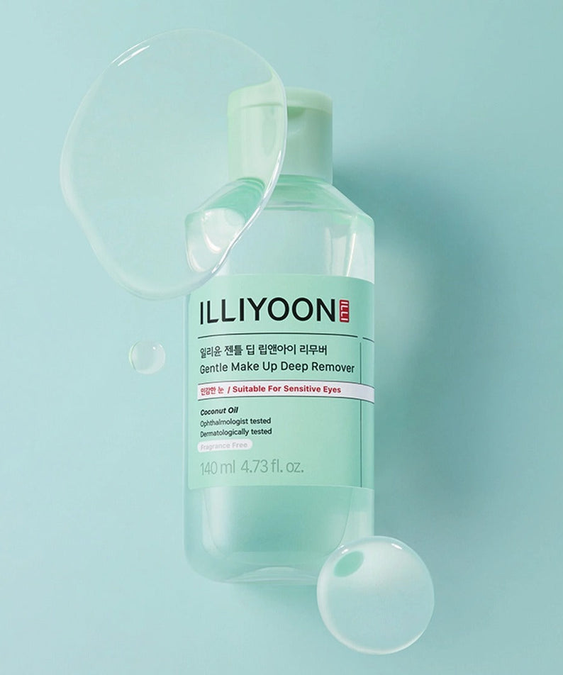 ILLIYOON Gentle Deep Lip & Eye Remover 140ml for sensitive skin care with soothing formula in a clear green bottle placed on a teal background.