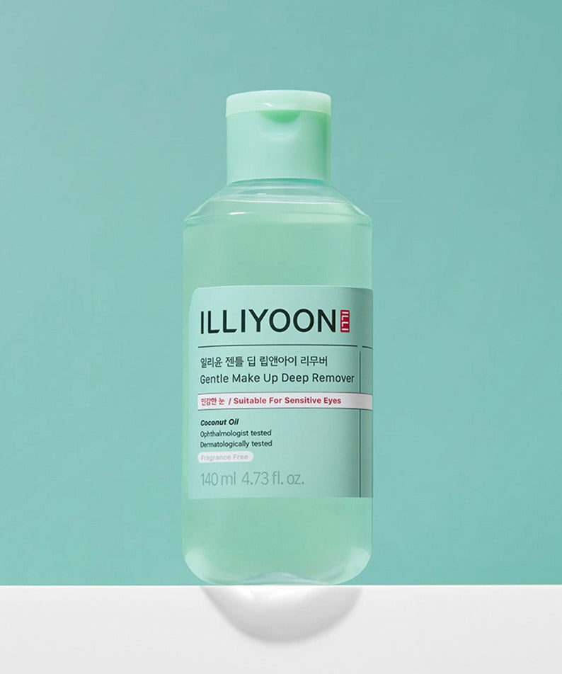 ILLIYOON Gentle Deep Lip & Eye Remover 140ml bottle on a turquoise background, skincare product for sensitive areas.