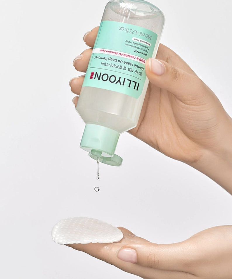 ILLiYOON Gentle Deep Lip & Eye Remover 140ml being poured onto a cotton pad.