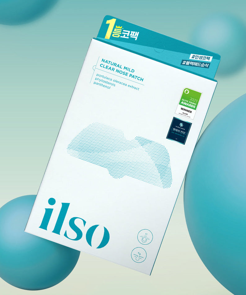 ILSO Natural Mild Clear Nose Pack packaging with abstract background and soft blue tones, emphasizing skincare benefits.
