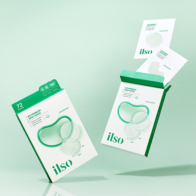 ILSO No Trouble Spot Patch packaging against a light green background, showcasing multiple boxes of the ILSO No Trouble Spot Patch.