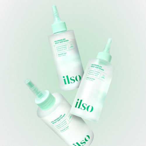 Three bottles of ILSO No Trouble Spot Softemer 150g against a light green background.