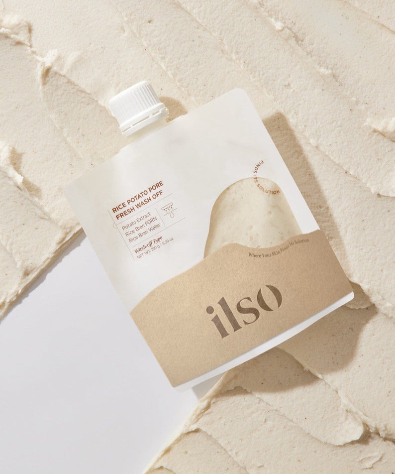 ILSO Rice Potato Pore Fresh Wash-Off 150g skincare product against textured background