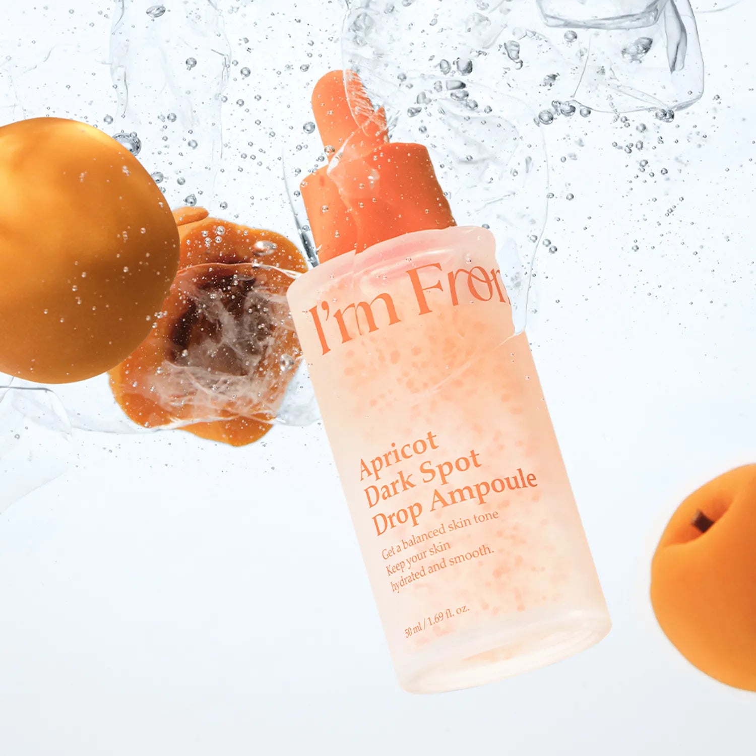 I'M FROM Apricot Dark Spot Drop Ampoule 50ml skincare product with apricots in water, for even skin tone and texture.
