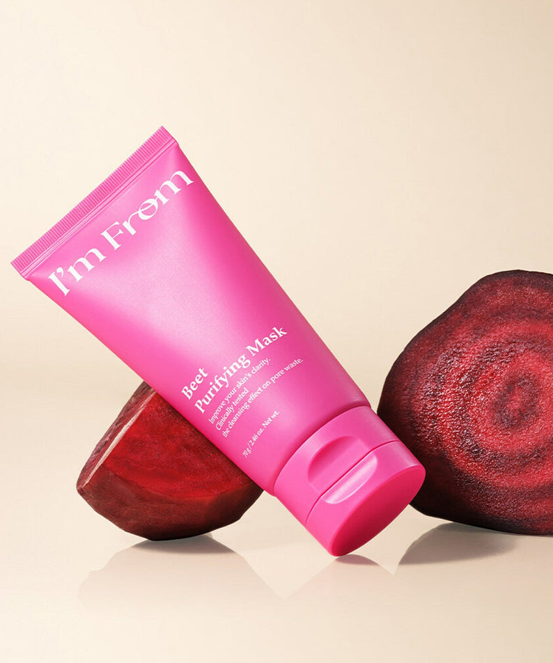 I'M FROM Beet Purifying Mask 70g with fresh beet slices in a skincare photoshoot setting
