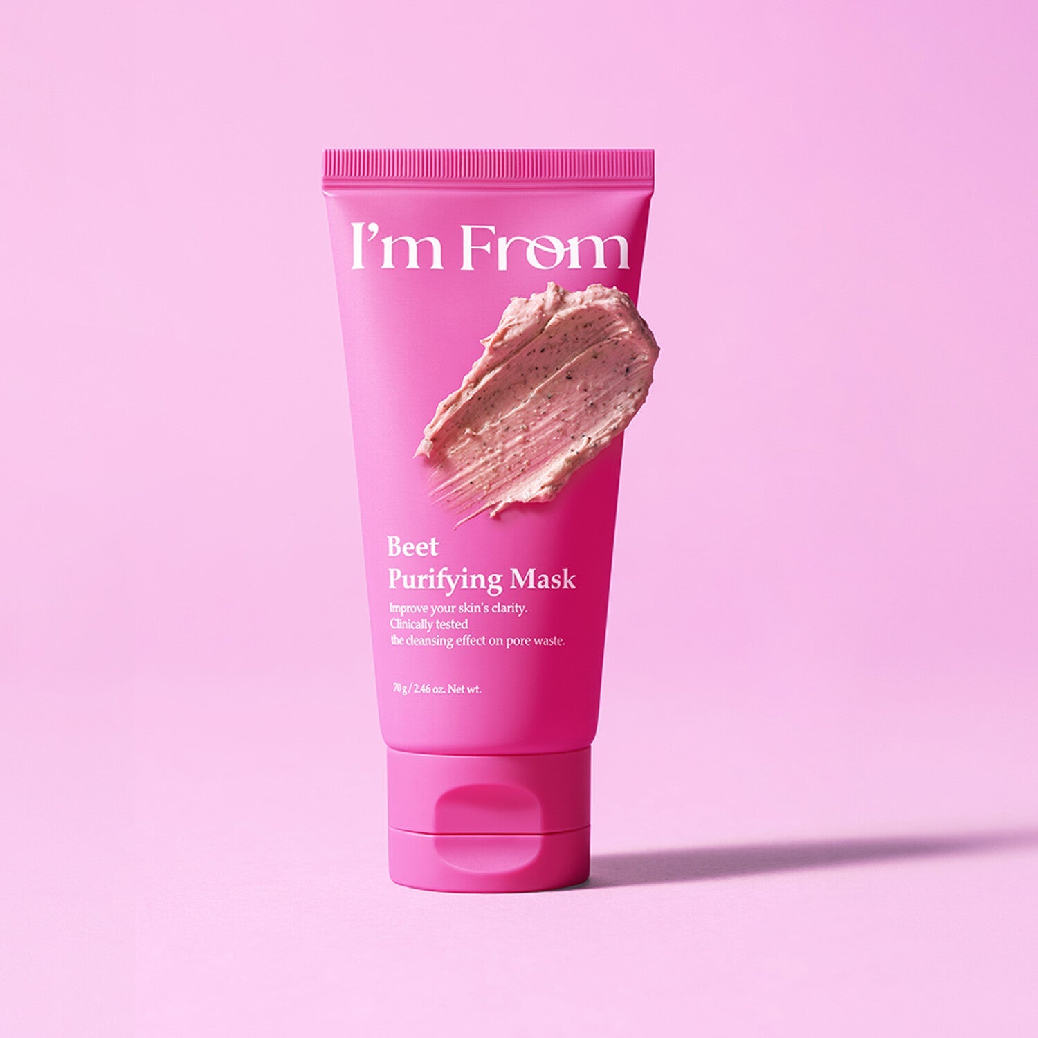 I'M FROM Beet Purifying Mask 70g in pink tube on a pink background, highlighting skincare benefits.
