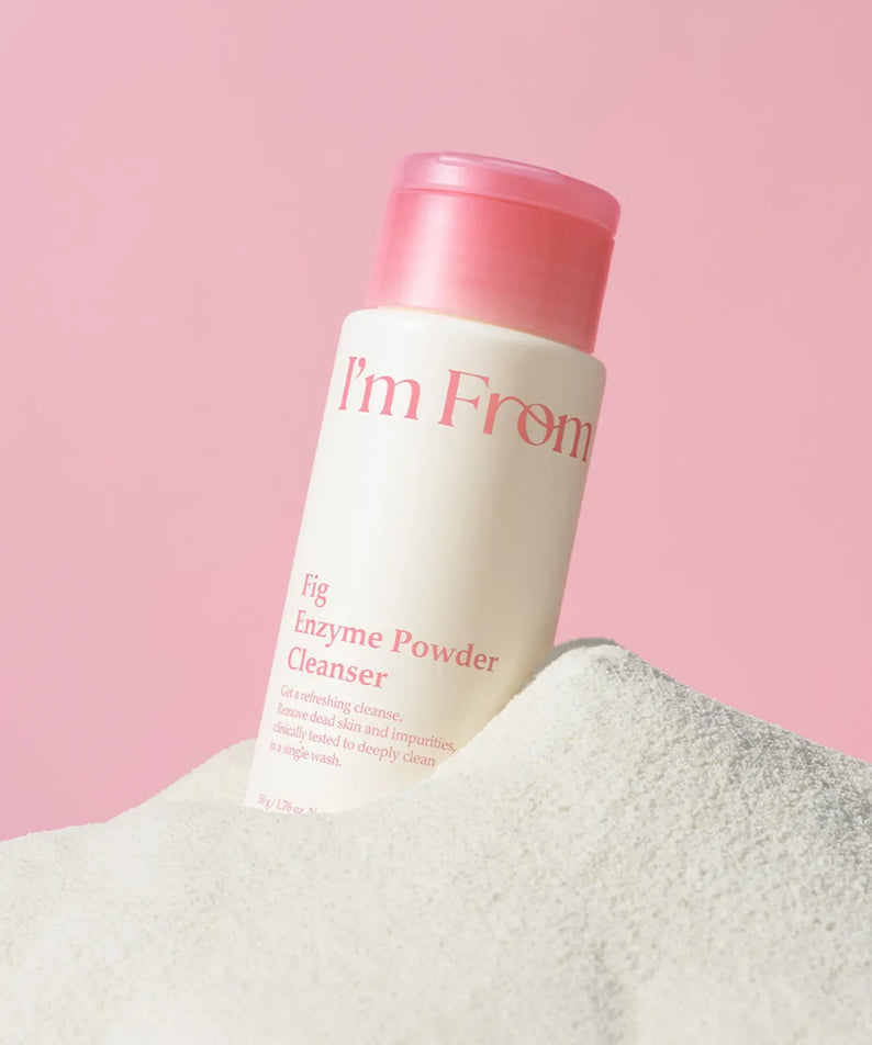 I'M FROM Fig Enzyme Powder Cleanser 50g product image on pink background.