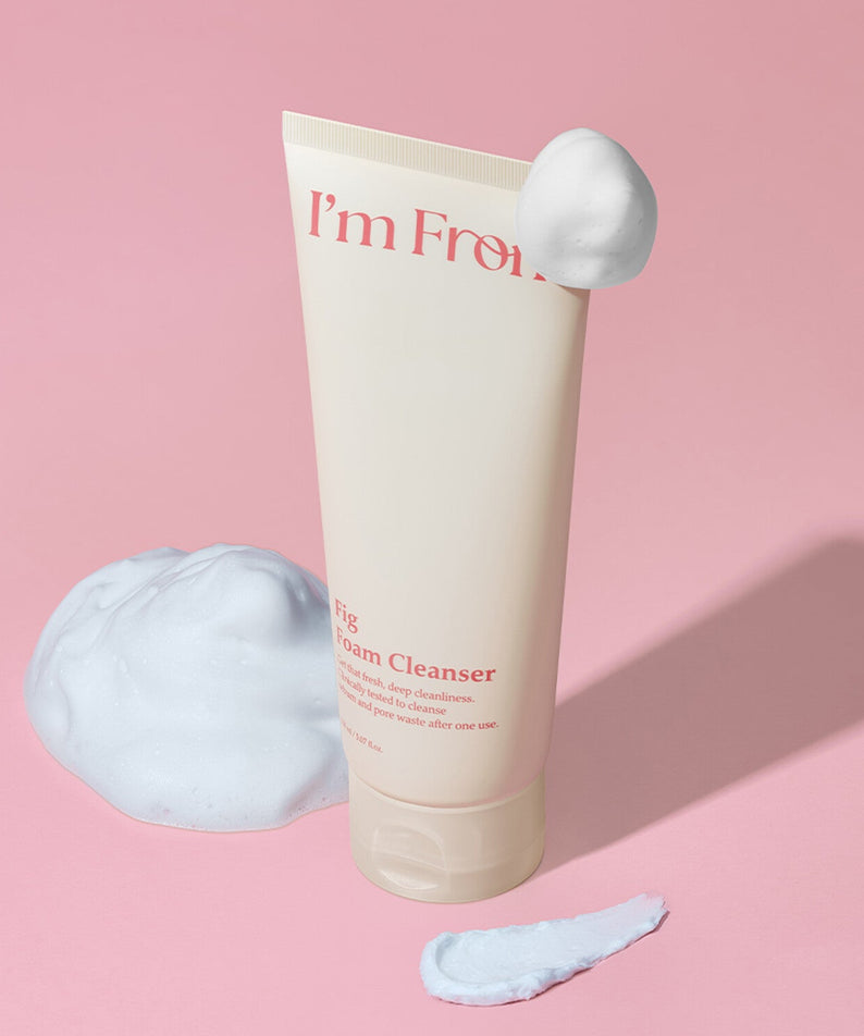 I'M FROM Fig Foam Cleanser 150ml in a pink background with foam and cream textures.