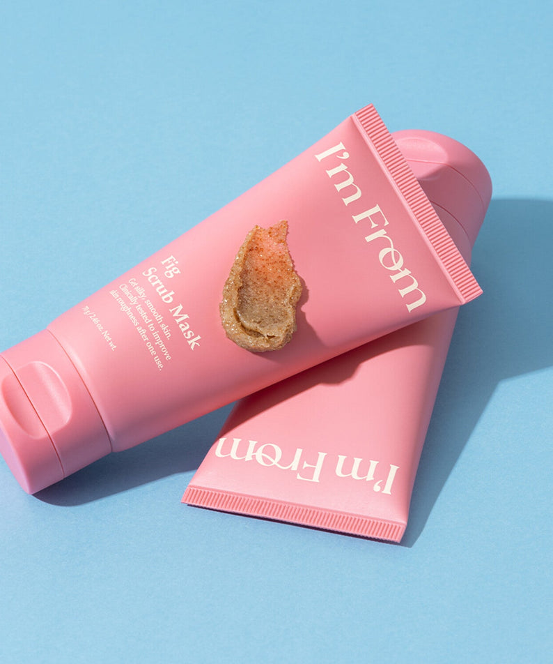 I'M FROM Fig Scrub Mask in pink tubes on a blue background