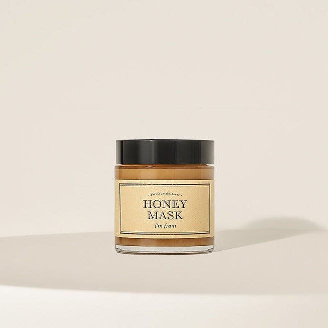 I'M FROM Honey Mask 120g in a glass jar with black lid, on a minimal beige background.