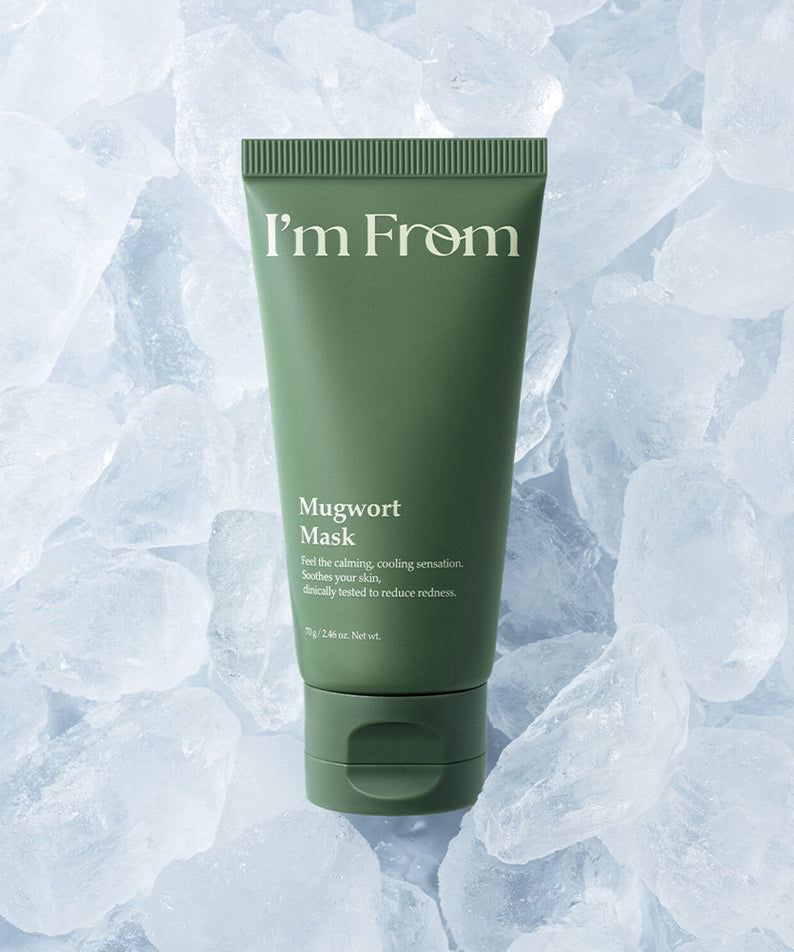 I'M FROM Mugwort Mask 70g product on icy background for soothing skin care.