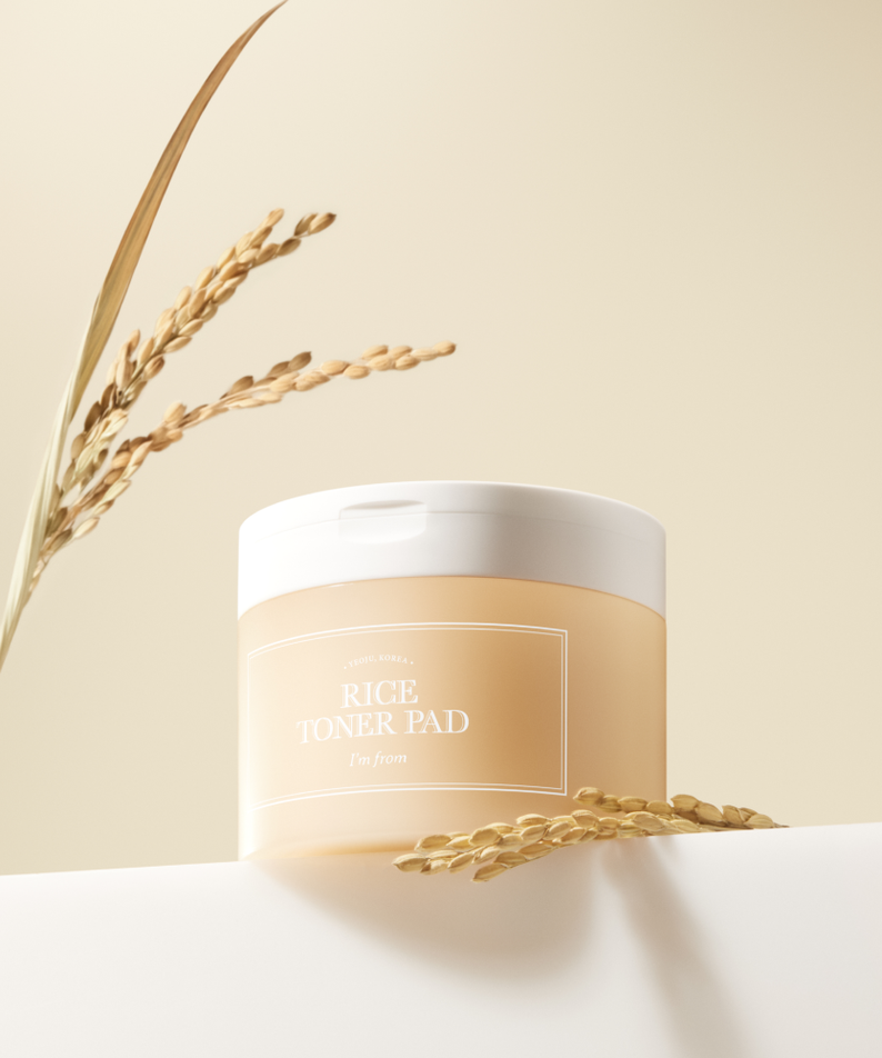 I'M FROM Rice Toner Pad 60p 140ml in elegant packaging with rice accents