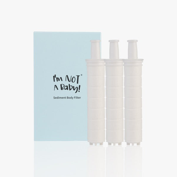 I'M NOT BABY Double Filter Shower Cediminter Body Filter with box and three filters displayed.