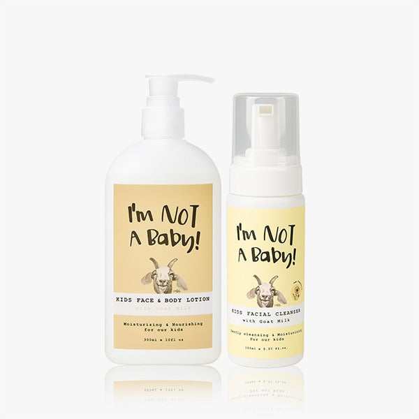 I'M NOT BABY Kids Face & Body Lotion 300ml + Kids Facial Cleanser 150ml bottles front view