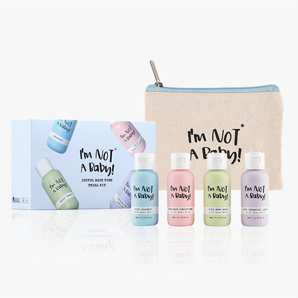 I'M NOT BABY Trial Kit Children's Travel Set Shampoo Conditioner Body Wash Lotion displayed with packaging and travel pouch