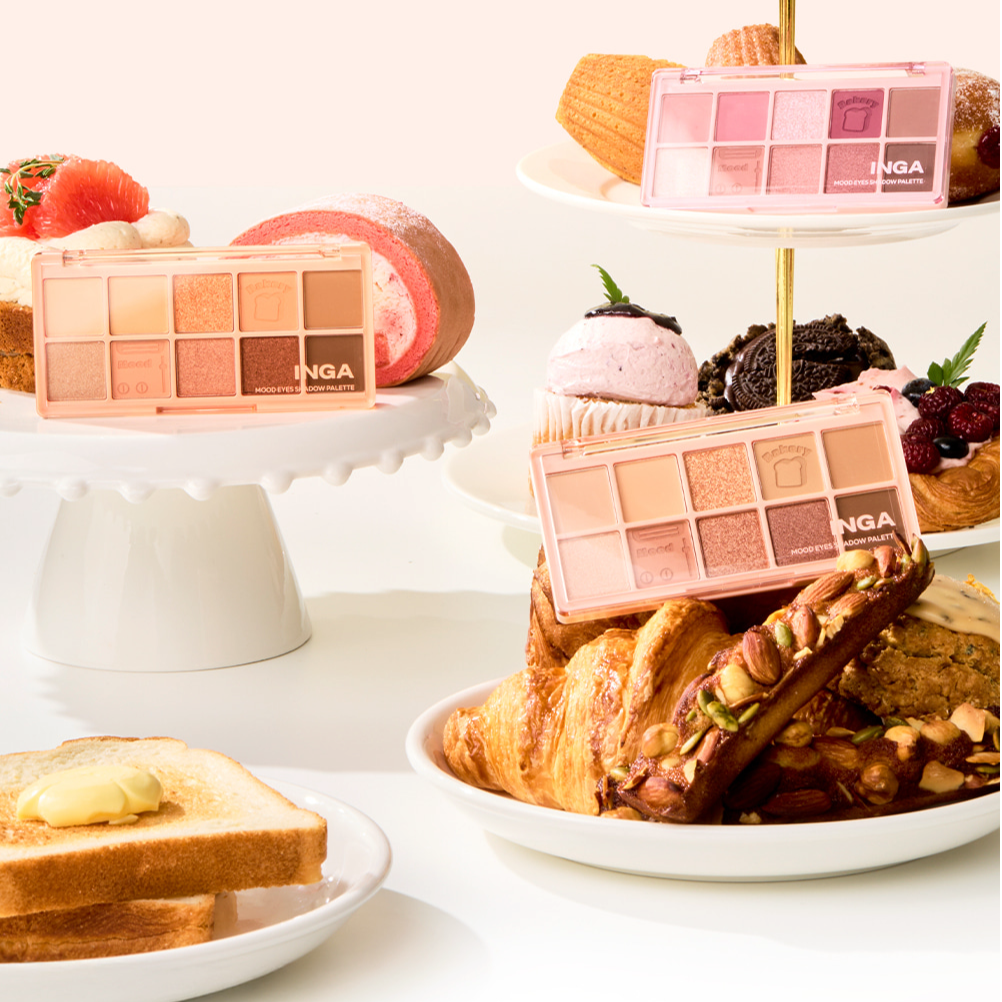 INGA Mood Eyes Shadow Palette displayed with pastries and desserts, showcasing a variety of colors for versatile eye makeup looks.
