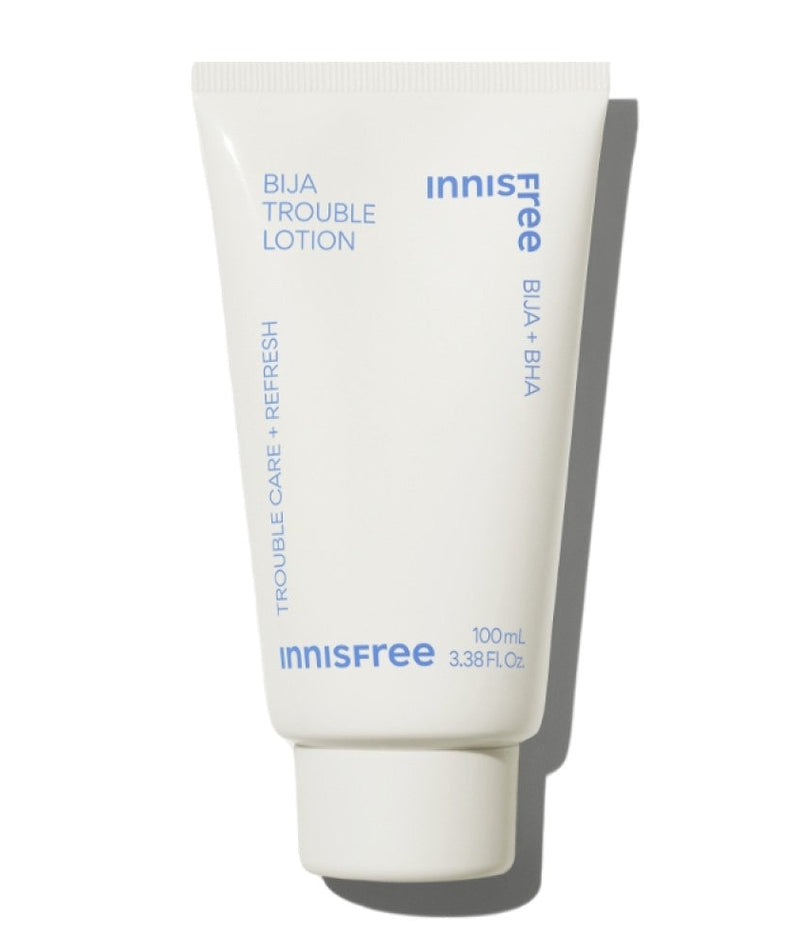 INNISFREE Bija Trouble Lotion 100ml bottle with white packaging for soothing and refreshing skincare.