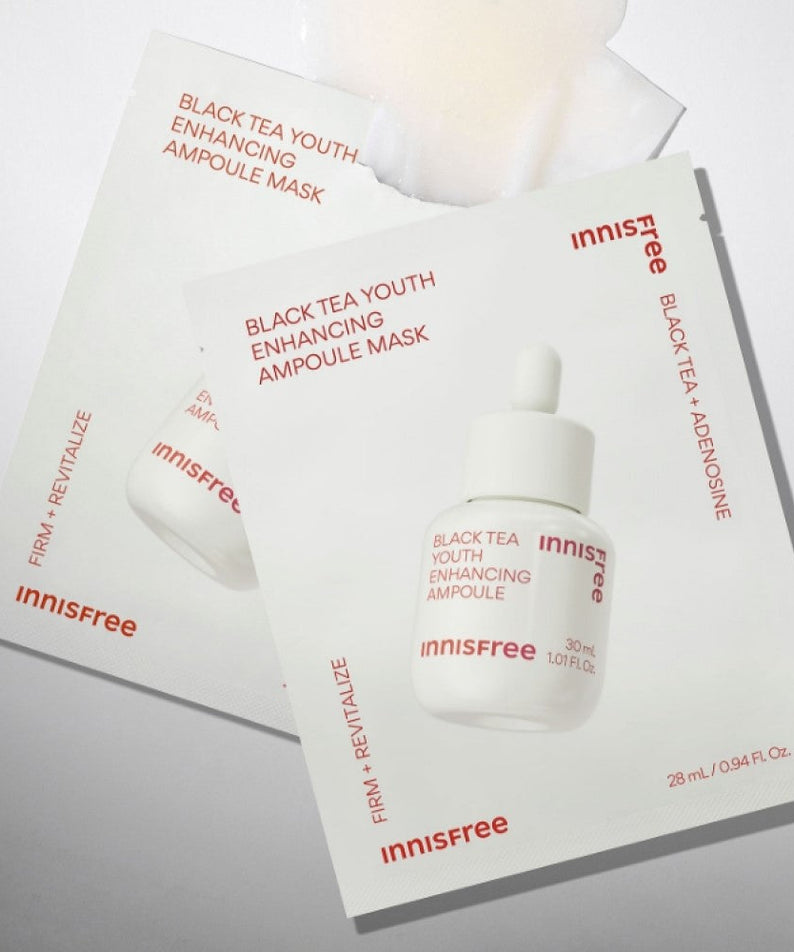 INNISFREE Black Tea Youth Enhancing Ampoule Mask packaging featuring product details and brand logo.