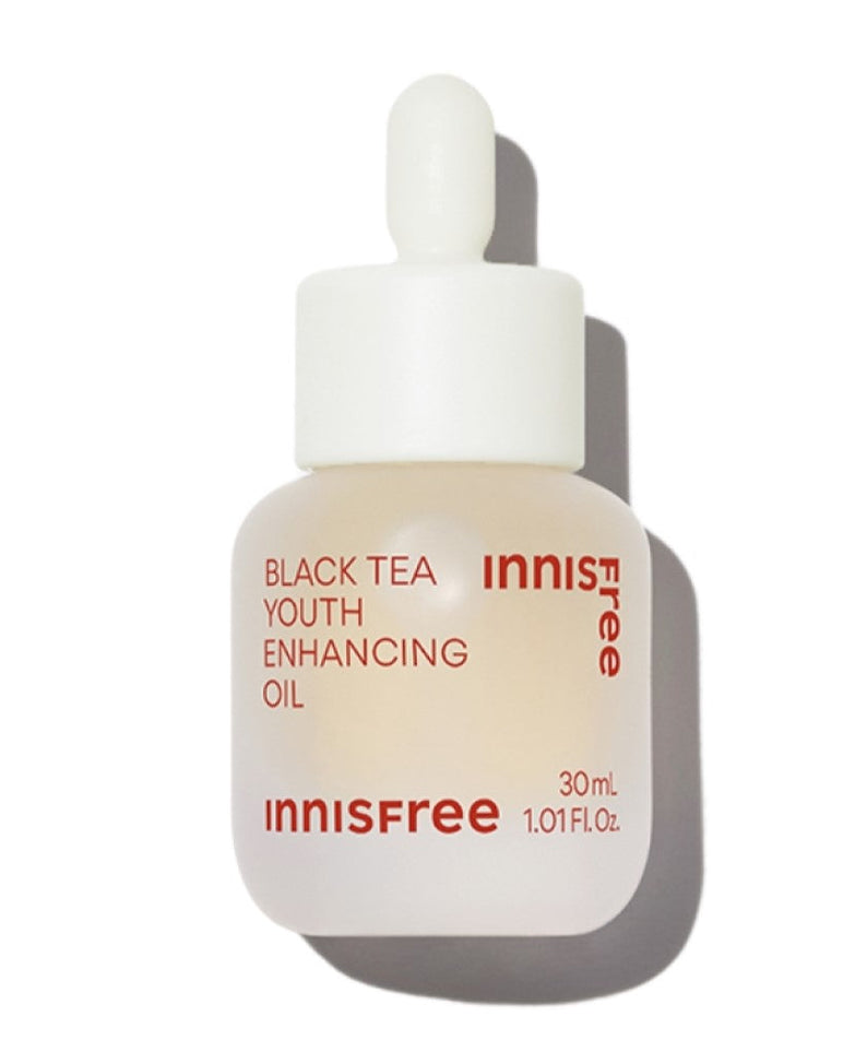 INNISFREE Black Tea Youth Enhancing Oil 30ml skincare product bottle with dropper.