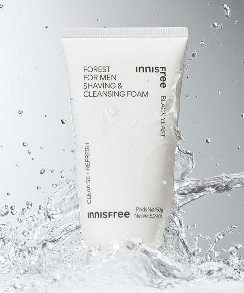 INNISFREE Forest For Men Shaving & Cleansing Foam 150g tube product shot with splashing water, Gentleman Korea Korean men’s skincare