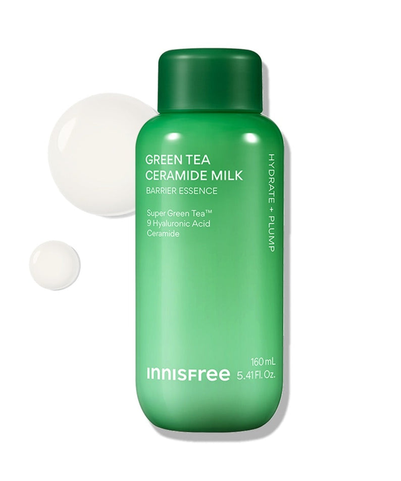 INNISFREE Green Tea Ceramide Milk Essence 160ml bottle with essence texture background.