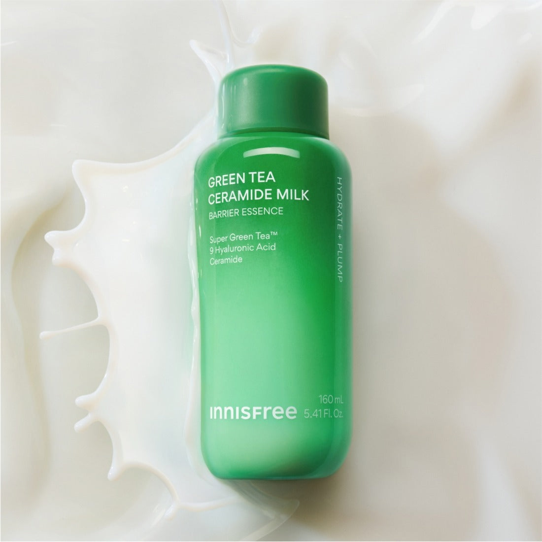 INNISFREE Green Tea Ceramide Milk Essence Refill 160ml product bottle on white background.