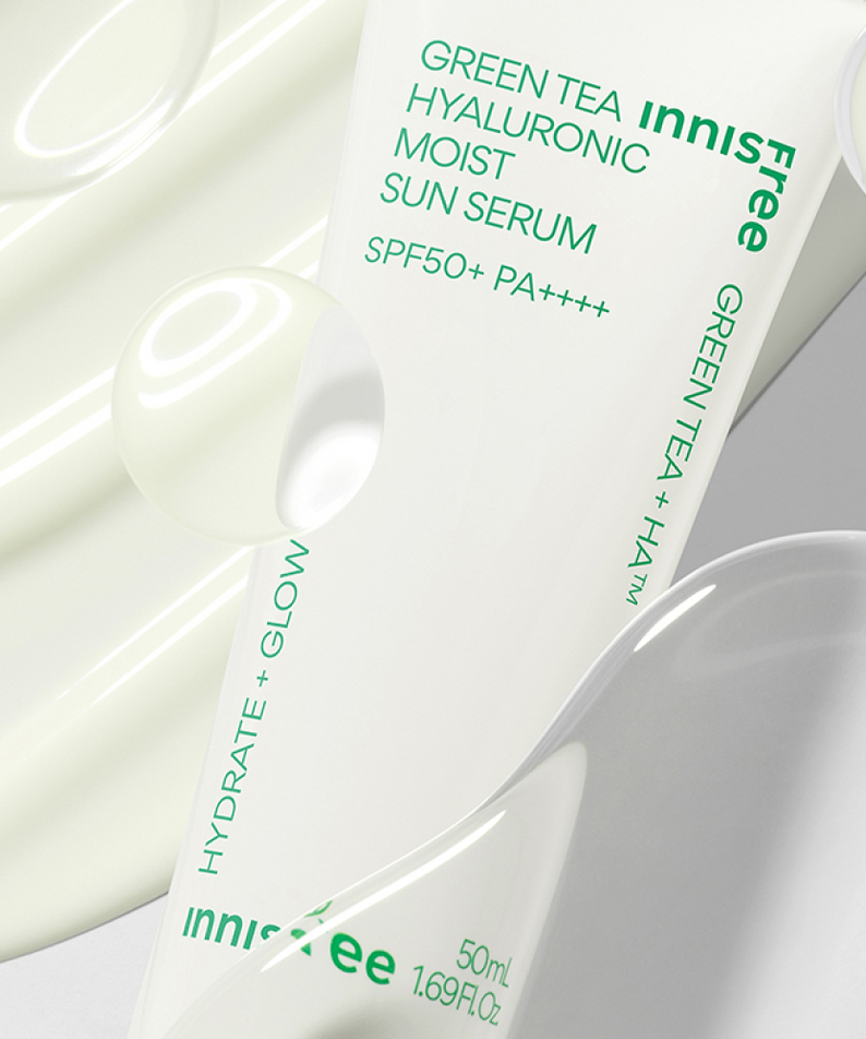 INNISFREE Green Tea Hyaluronic Moist Sun Serum SPF50 PA++++ 50ml tube with hydrating formula swirls and product text on packaging.