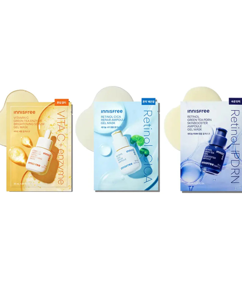 INNISFREE NEW Gel Mask 1 Sheet in three different varieties for skincare.