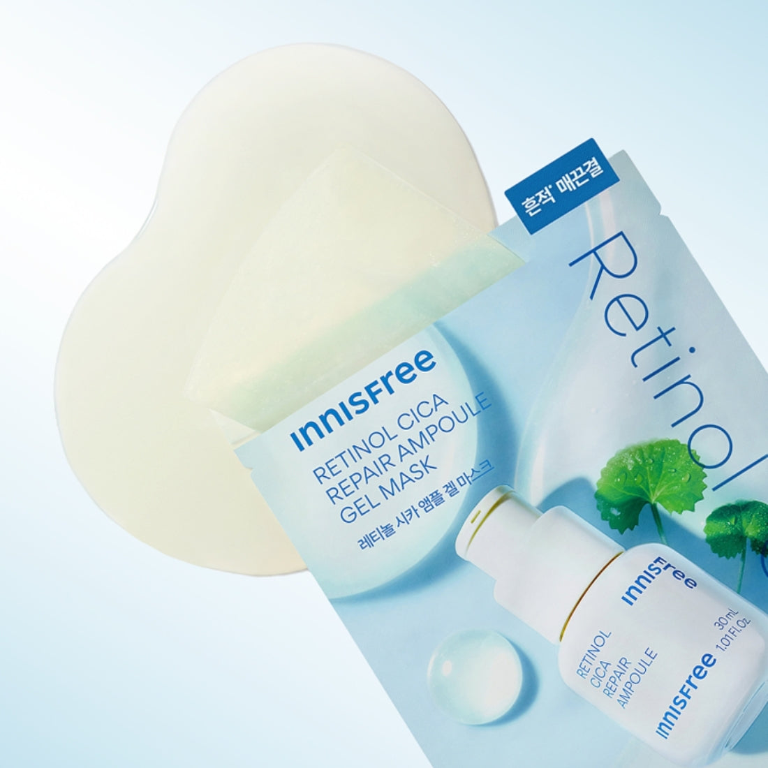 INNISFREE NEW Gel Mask 1 Sheet package and mask on a light blue background, showcasing skincare benefits.
