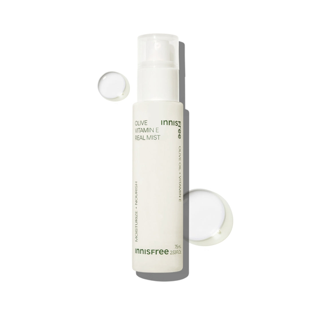 INNISFREE Olive Vitamin E Real Oil Mist 75ml bottle with liquid droplets on white background