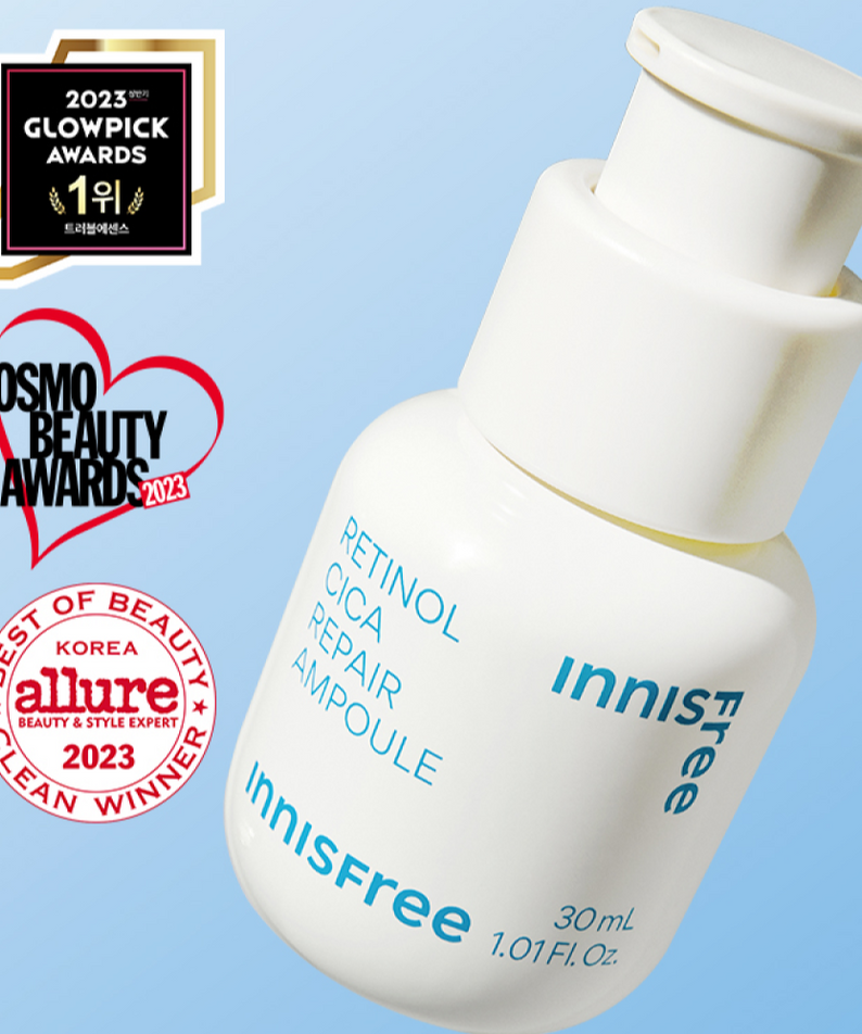 INNISFREE Retinol cica repair Ampoule 30ml with award badges displayed on packaging